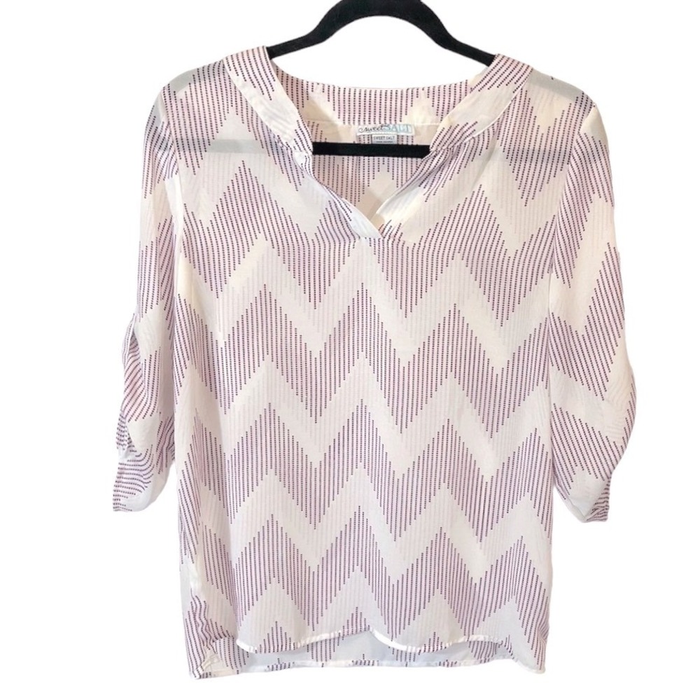 Sweet Salt Sheer 3/4‎ Sleeve Blouse White Purple Chevron Y2K V-Neck Womens S